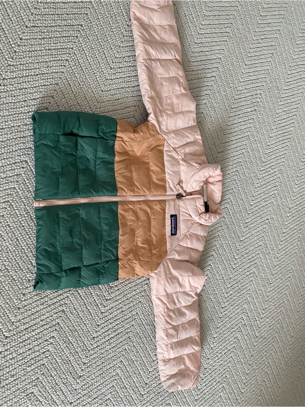 Patagonia Kids Colorblock Puffer Jacket in Pink, Tan & Green